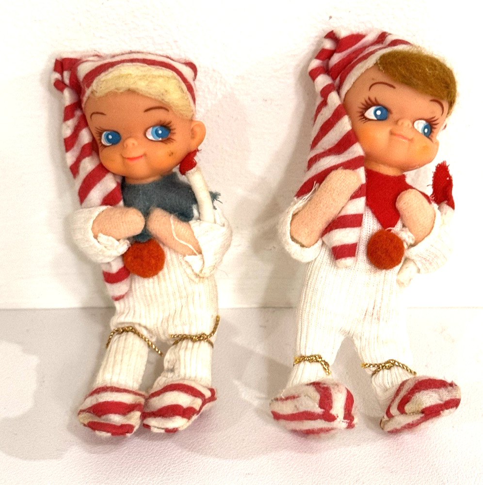 2 Vintage Japan Christmas Pixie Elf Ornaments Red Striped Hat Slippers