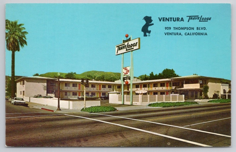 Vintage Ventura CA Travelodge Postcard Sleepy Bear Mid-Century Motel Chrome