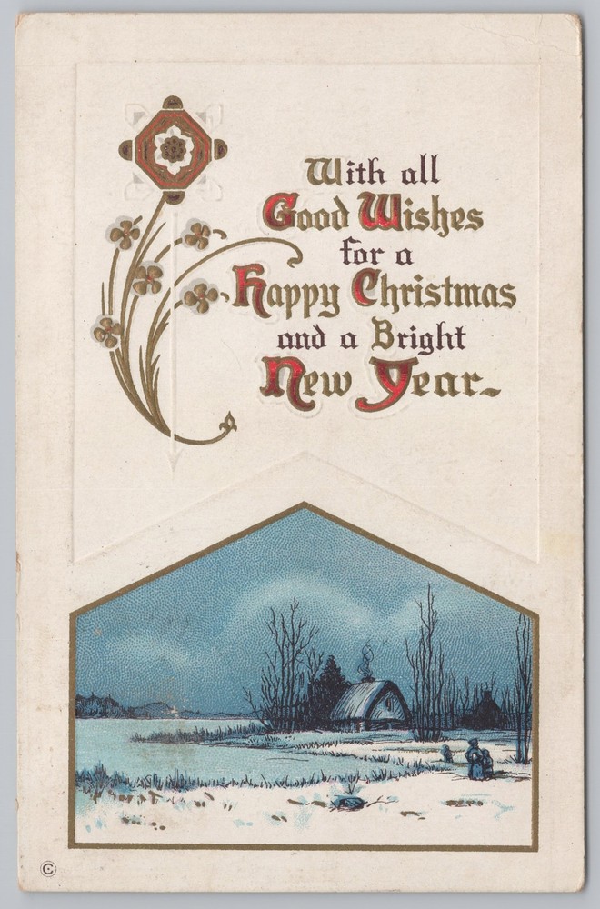Holiday~Christmas~New Year~Winter Lake~Art Deco~Gold~Emboss~Stecher 245F~Vtg PC
