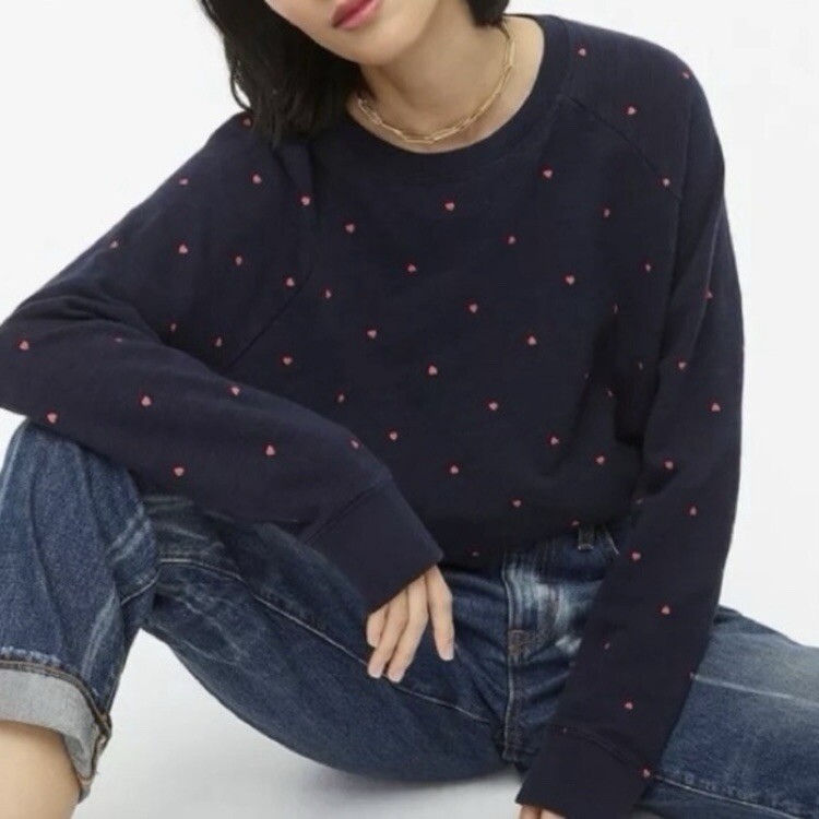 J Crew Women’s 100% Cotton Vintage Pullover Fleece Sweatshirt Mini Hearts XXS