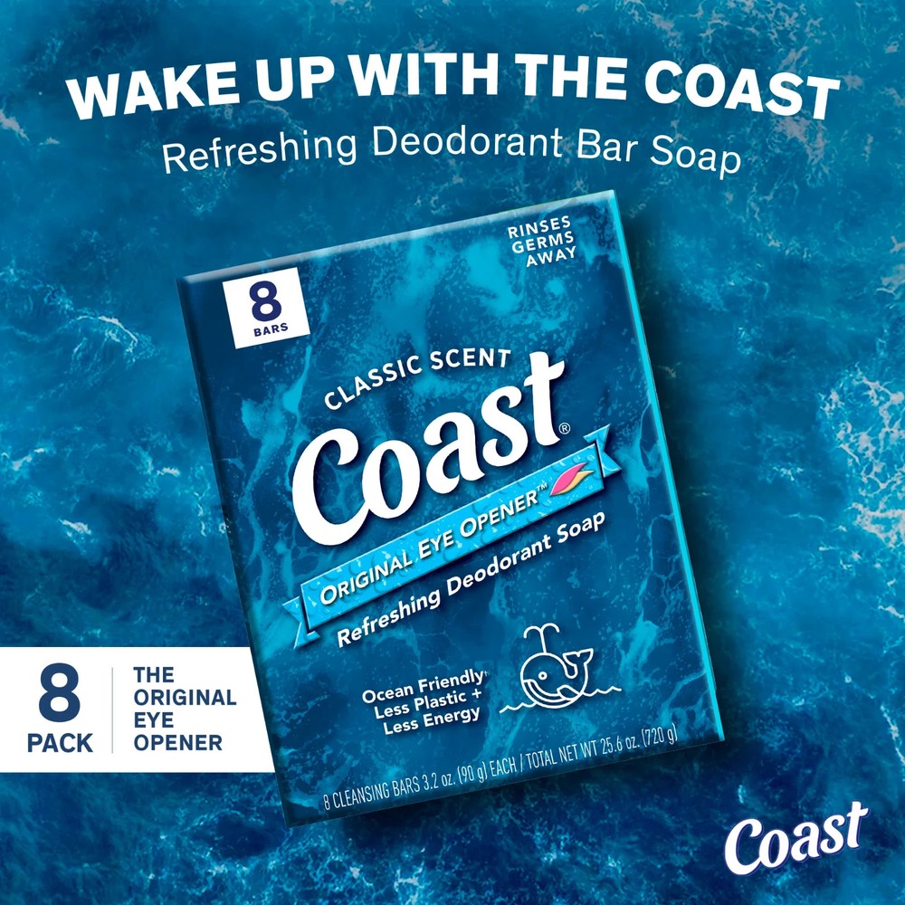 Coast Refreshing Deodorant Bar Soap, for All Skin Types, Classic Scent, 3.2 oz,