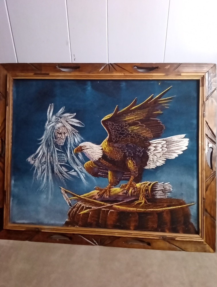 Vintage 70s American Eagle & Indian Black Velvet Felt Framed Painting 23