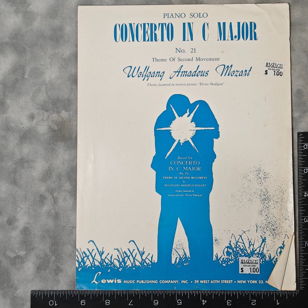 1968 Mozart Concerto C Major No.21 Theme Movement Piano Solo Sheets ElviraMadiga
