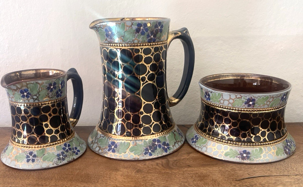 Victorian Aesthetic Movement Enamel Gilt Creamer Jug Sugar Bowl Set 1800s