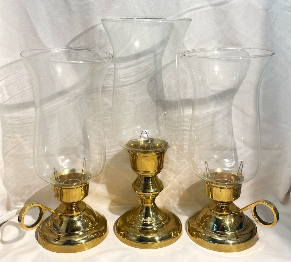 3 Shiny Brass Hurricane Candle Holder Lamps with Glass Shades Colonial Style