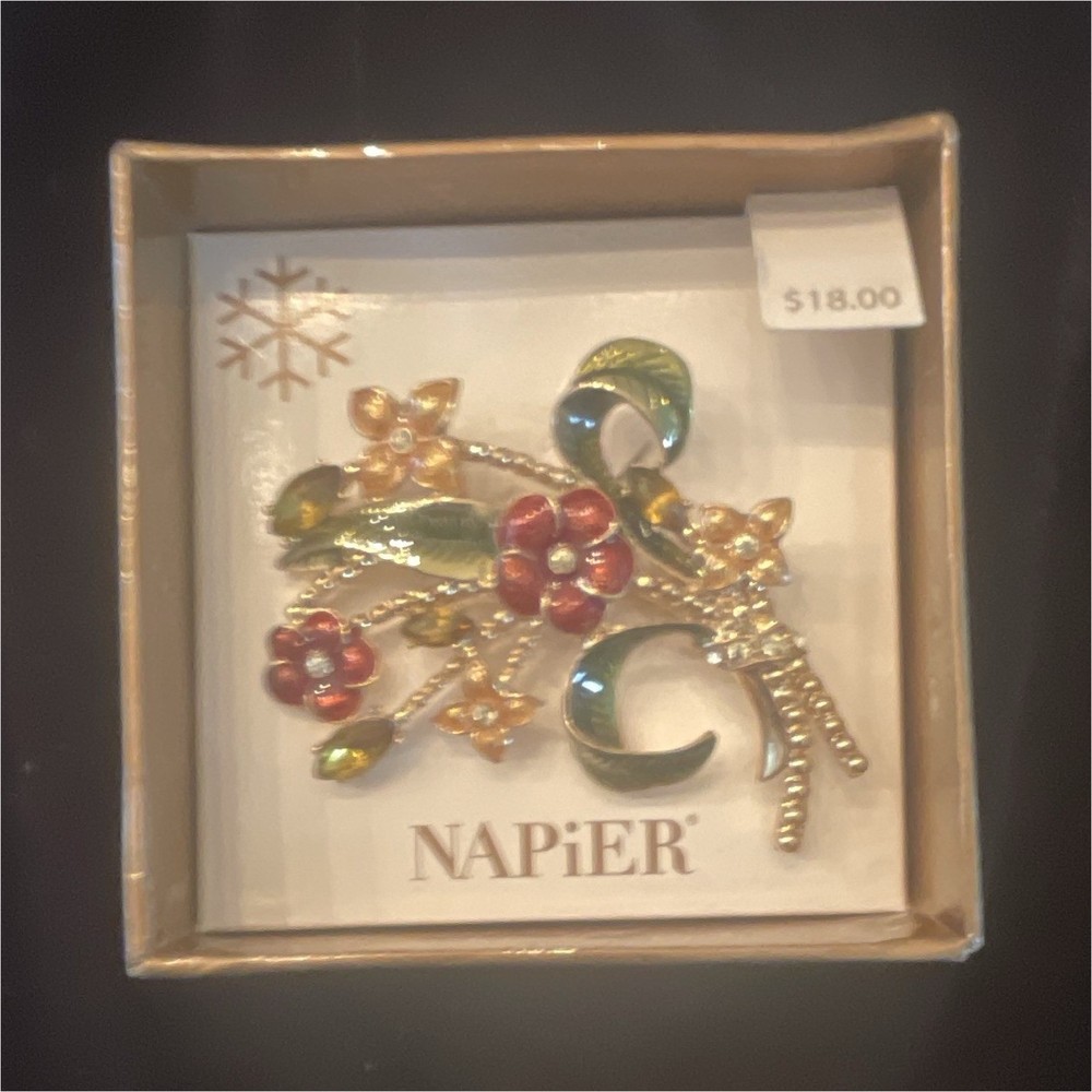 Napier Flower Brooch Pin with Enamel & Clear Rhinestones, Gold Tone Green Red
