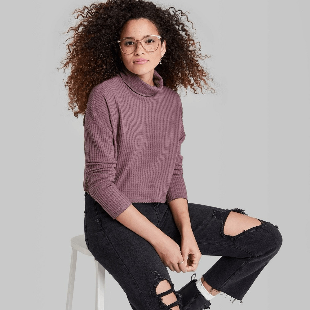 Women's Long Sleeve Turtleneck Cozy Boxy Cropped T-Shirt - Wild Fable Size 2X