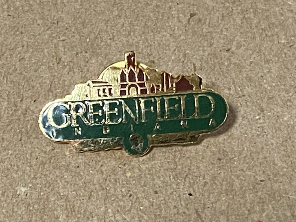 Vintage Greenfield Indiana Lapel Pin, TBW Inc, Green And Gold Tone