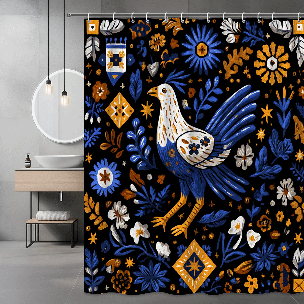 Boho Folk Bird Floral Shower Curtain Blue Orange
