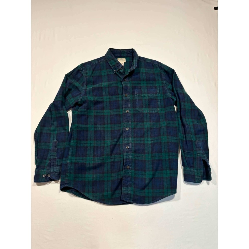 LL Bean Mens Flannel Shirt Medium Slightly Fitted Green Navy Blue Plaid