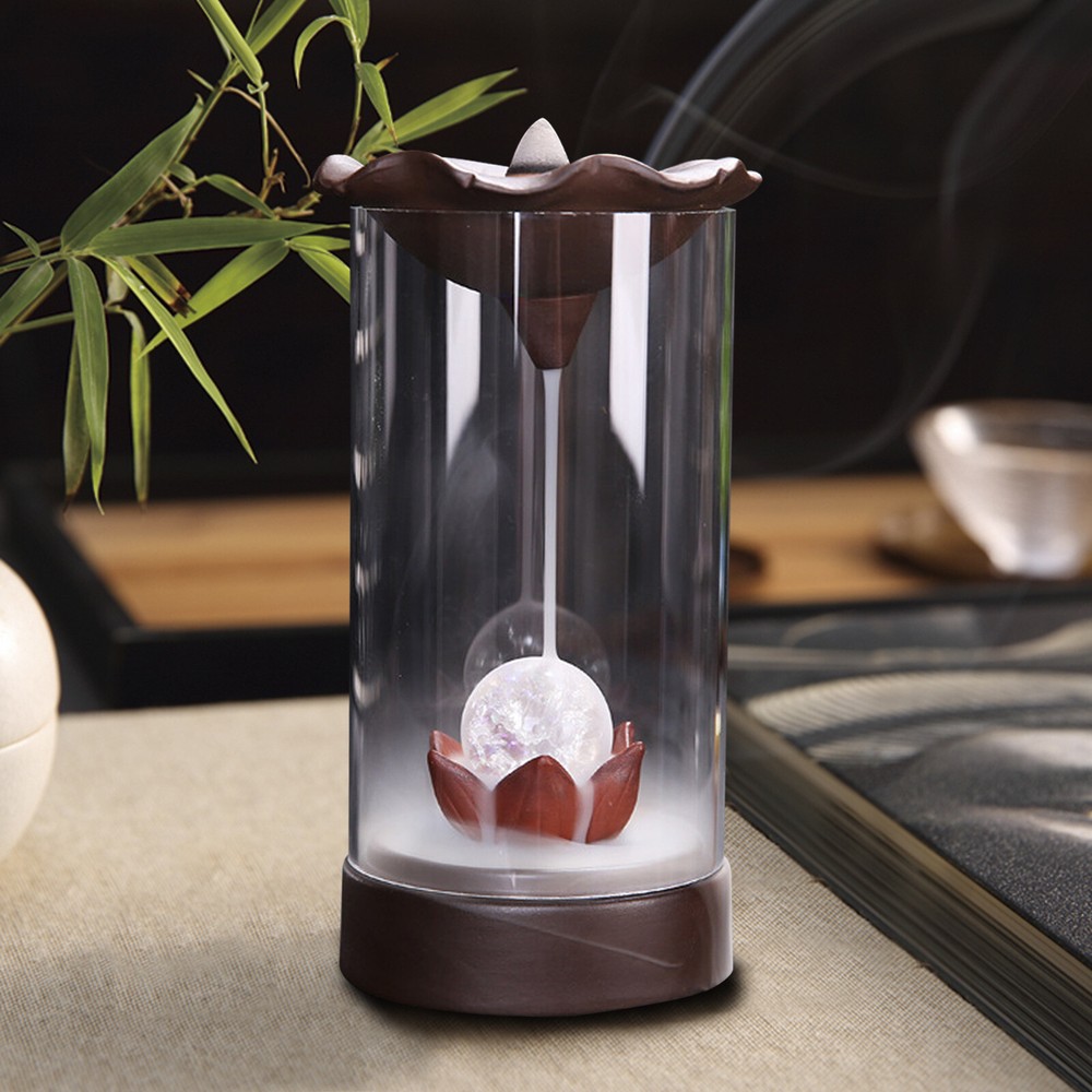 Acrylic Backflow Lotus Incense Burner Holder LED Crystal Ball Ceramic Censer
