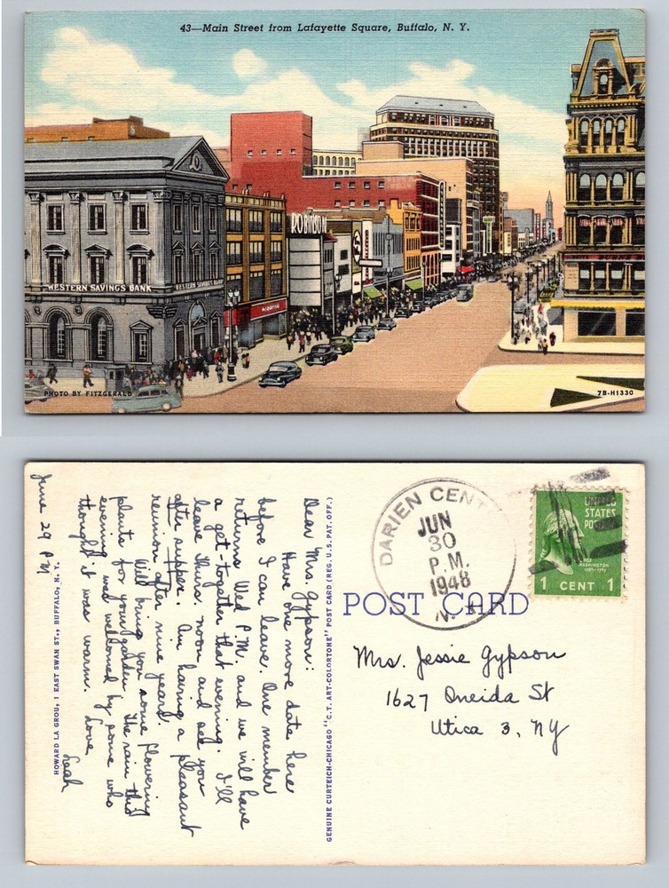 Buffalo, NY-New York, Main Street From Lafayette Square Vintage c1948 Postcard