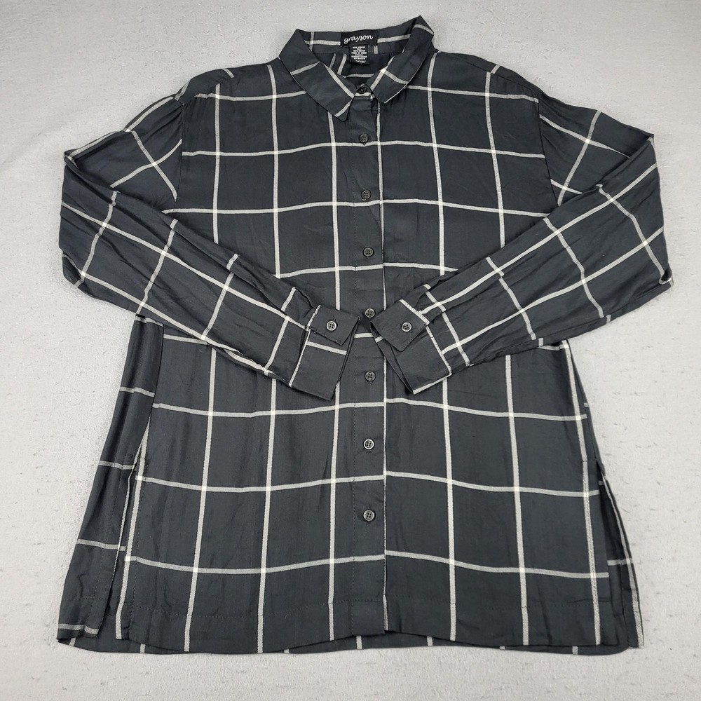 Grayson Shirt Womens Large Black White Windowpane Plaid Button Down Long Sleeve
