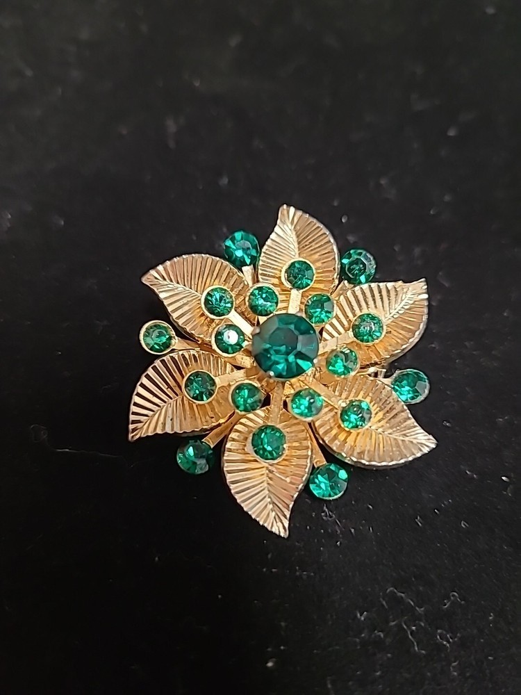 Vintage CORO Brooch Flower Pin Signed Green Rhinestone Goldtone