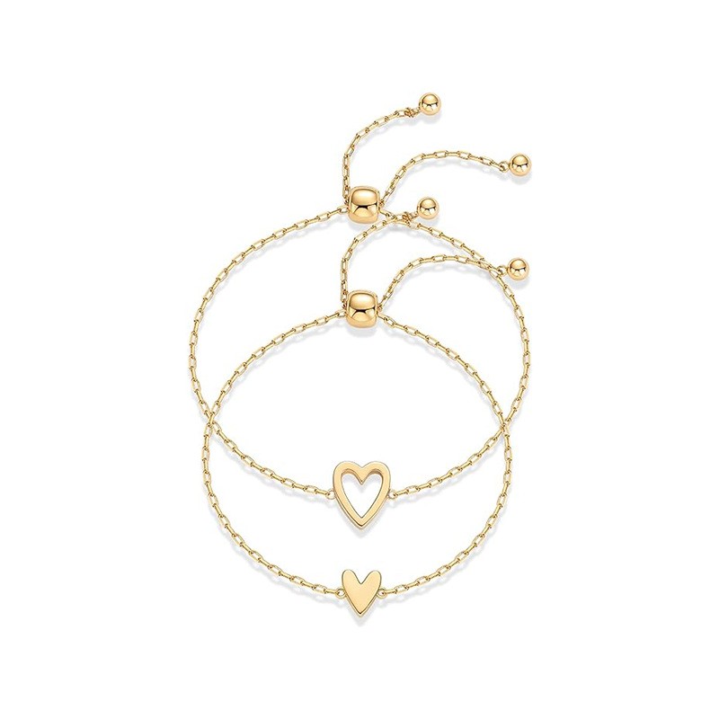 14K Gold Plated Matching Heart Charms Bracelet Set for Women Adjustable Two Pack