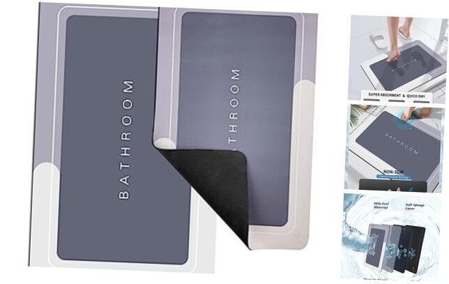 2-Piece Non-Slip Quick Dry Bathroom Rugs Set Grey 17x27 + 20x32 Inches