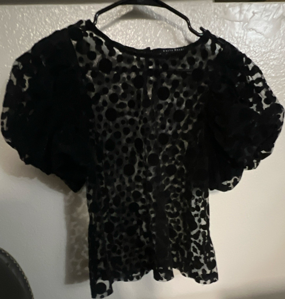 Haute Monde Sheer Mesh Polka Dot Puff Sleeve Button Blouse Black M