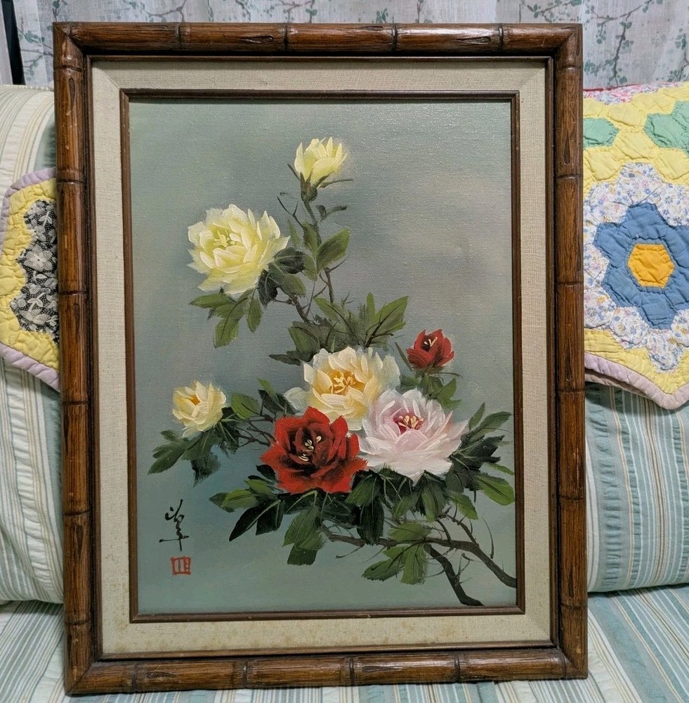 Vintage 15 X 19 Framed Original Asian Floral Roses Oil Painting On Canvas