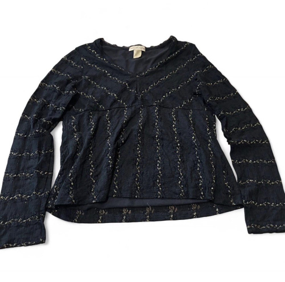 Notations Black Gold Metallic Lace Pullover V-Neck Blouse Long Sleeve L