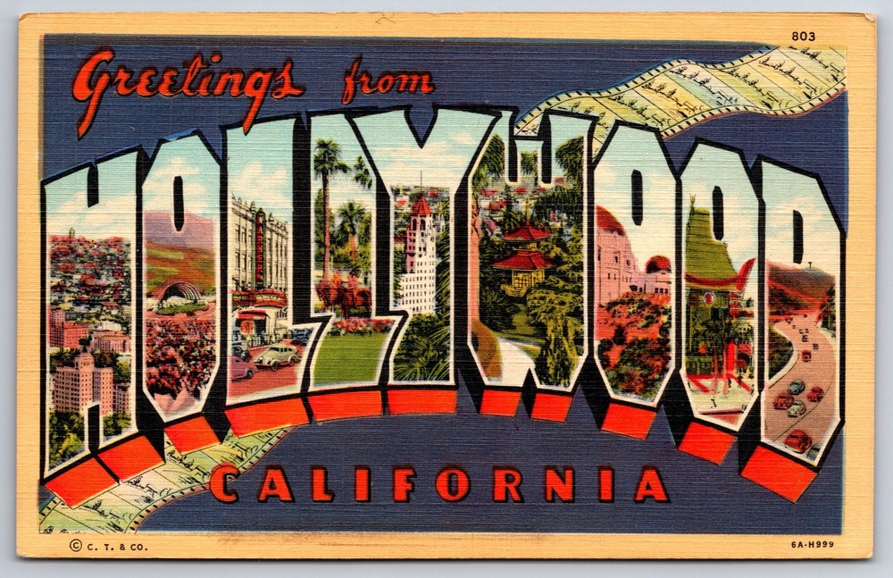 Greetings From Hollywood California~Bandshell~Large Letter Linen 1940s Postcard