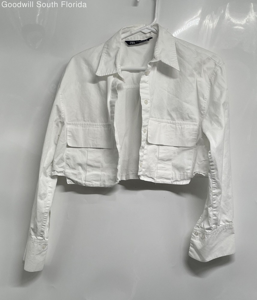 Zara Womens White Long Sleeve Collared Cropped Button-Up Shirt Size XS