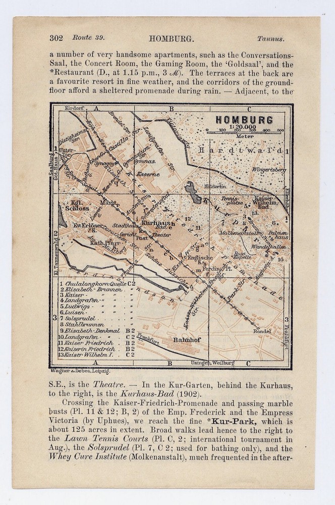 1911 Original Antique Map Of Bad Homburg / Hesse Hessen / Germany