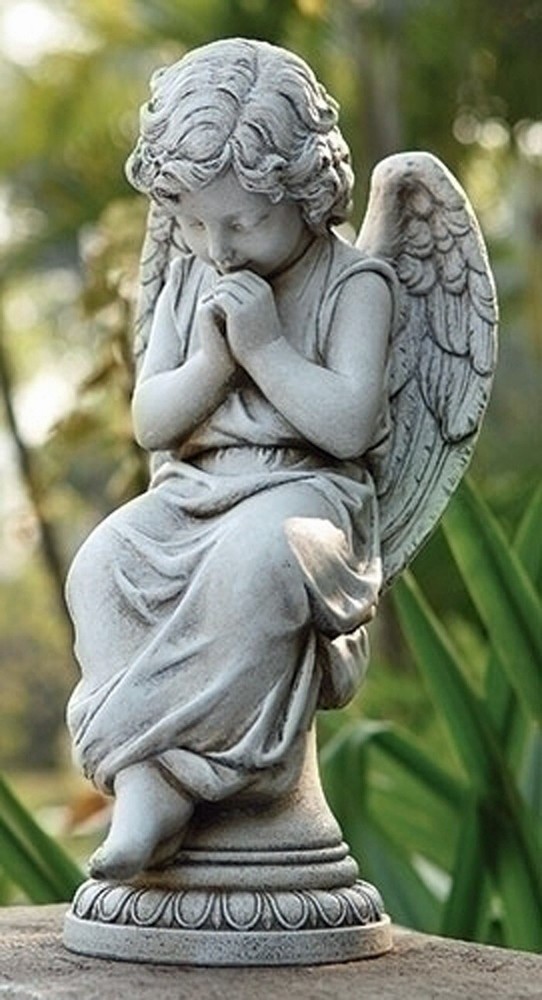 ANGEL SEATED ON PEDESTAL GARDEN STATUE
