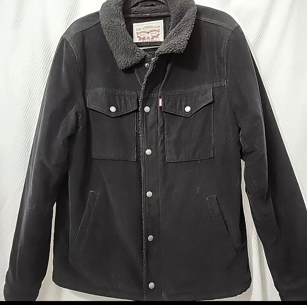 Levi’s Men’s L Sherpa Lined Corduroy Trucker Jacket Black Western Biker Cowboy