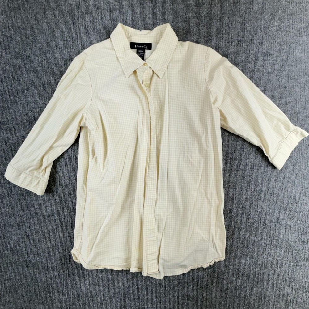 Denim & Co. Shirt Womens Medium Yellow Check Button Front 3/4 Roll Tab Top