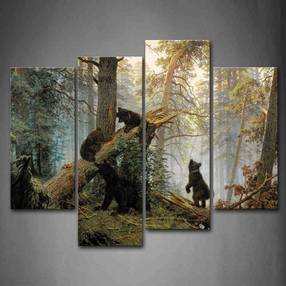 Black Bear Wall Art Bears Play in Forest Broken Tree Canvas Painting the Picture