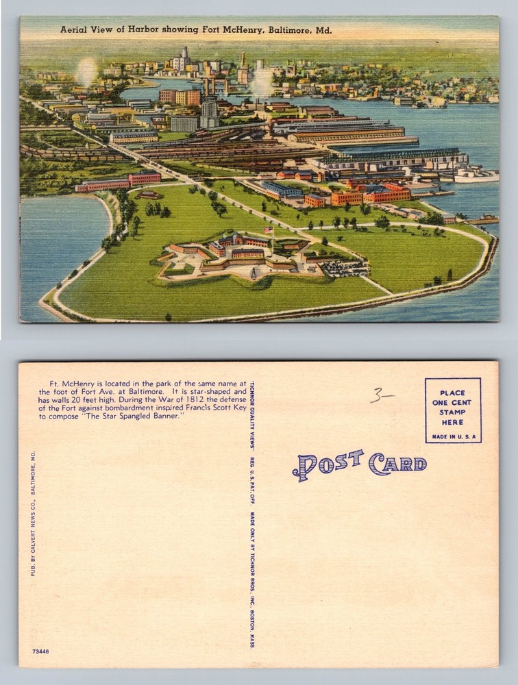 Baltimore, MD-Maryland, Aerial Fort McHenry Harbor View Vintage Postcard