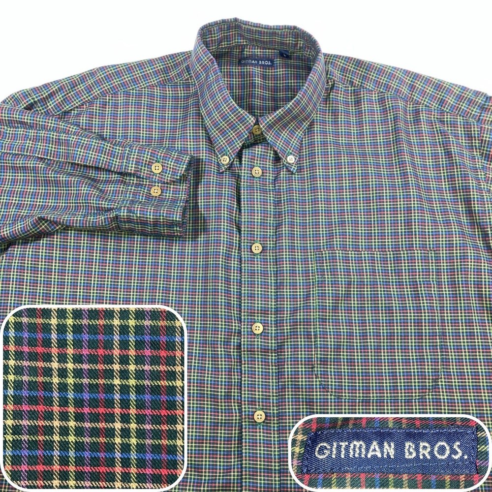 Gitman Bros Shirt Mens L Plaid Black Multicolor Button Down Made in USA