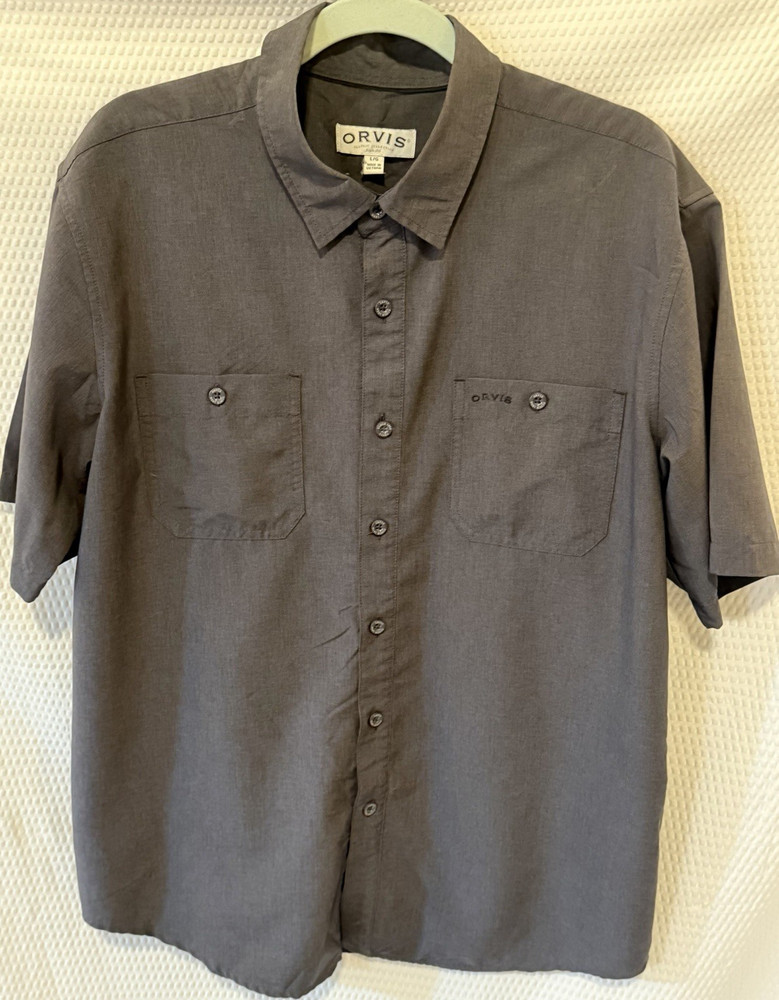 Orvis Men's Woven Solid Gray Polyester Button-Up Shirt Short Sleeve Size L