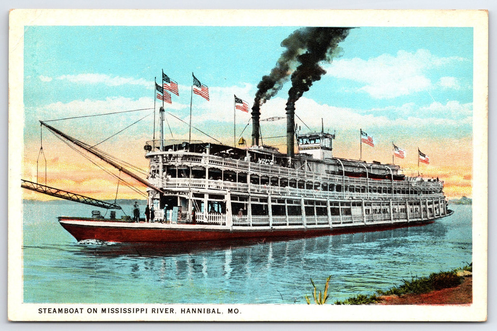 Hannibal Missouri MO Steamboat On Mississippi River Flags Vintage Postcard USA