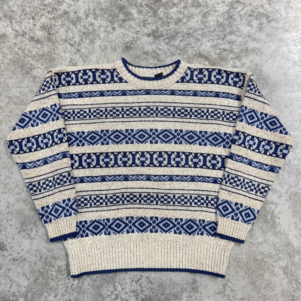 Lizwear Sweater Mens Small Blue Beige Crewneck Pullover Aztec Geometric Made USA