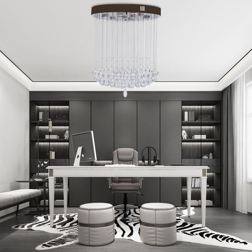 9 Lights Round Chandelier Crystal Ceiling Light Raindrop Light w/ Remote Control