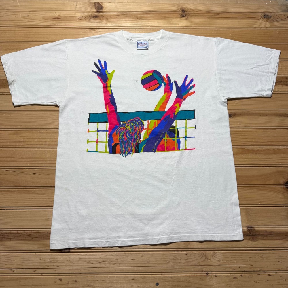 Vintage 90s Volleyball Pop Art Beach Sports Athletics Graphic T-Shirt USA - XL