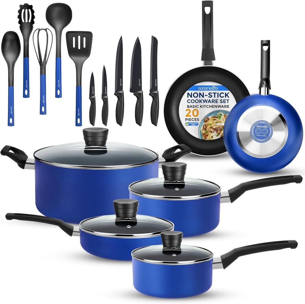 SereneLife 20-Piece Blue Cookware and Knives Set - Includes Multi-Sized Nonstick