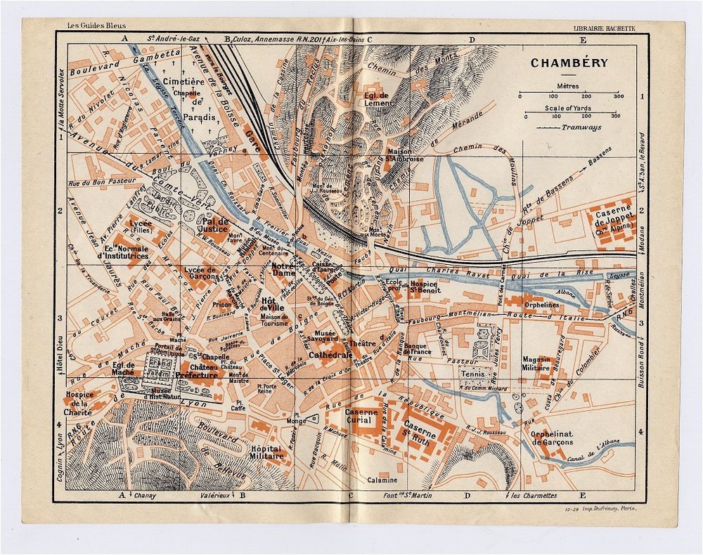 1926 Original Vintage City Map Of Chambery / Rhone-Alpes / France