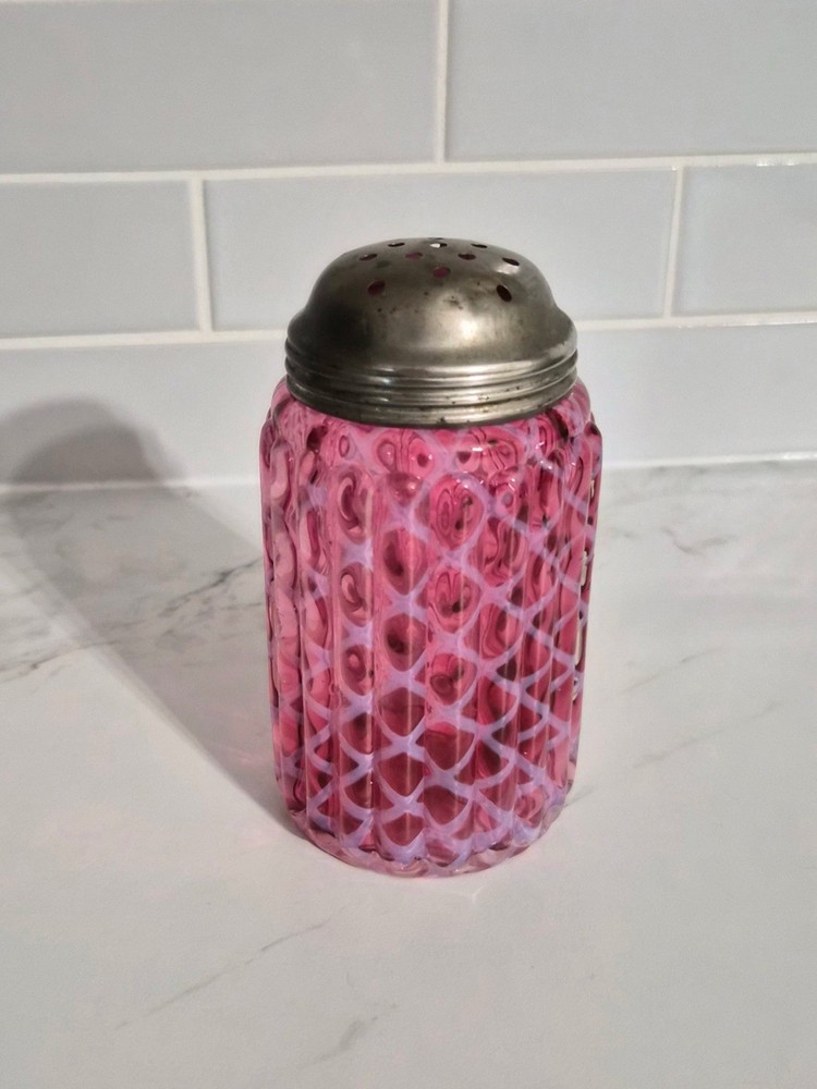 1890’s Northwood Cranberry Glass Opalescent Ribbed Lattice Shaker