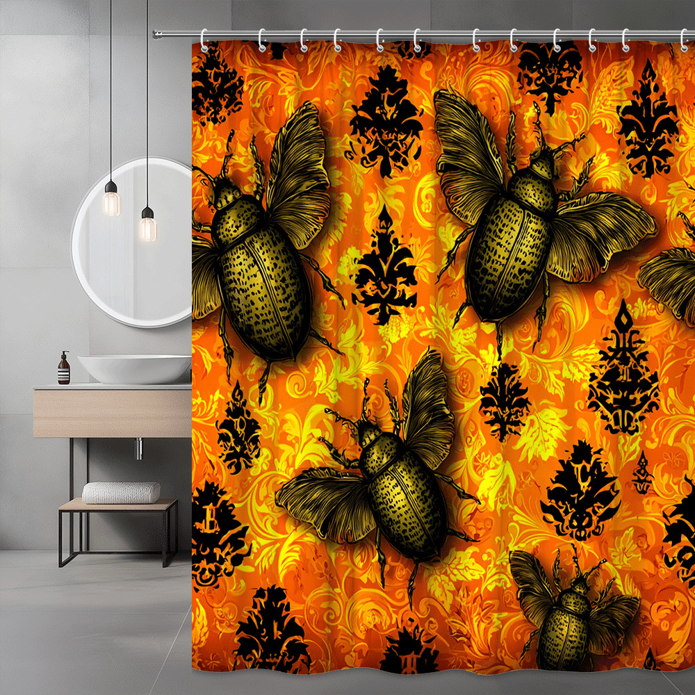 Halloween Beetle Shower Curtain Orange Black Floral Print