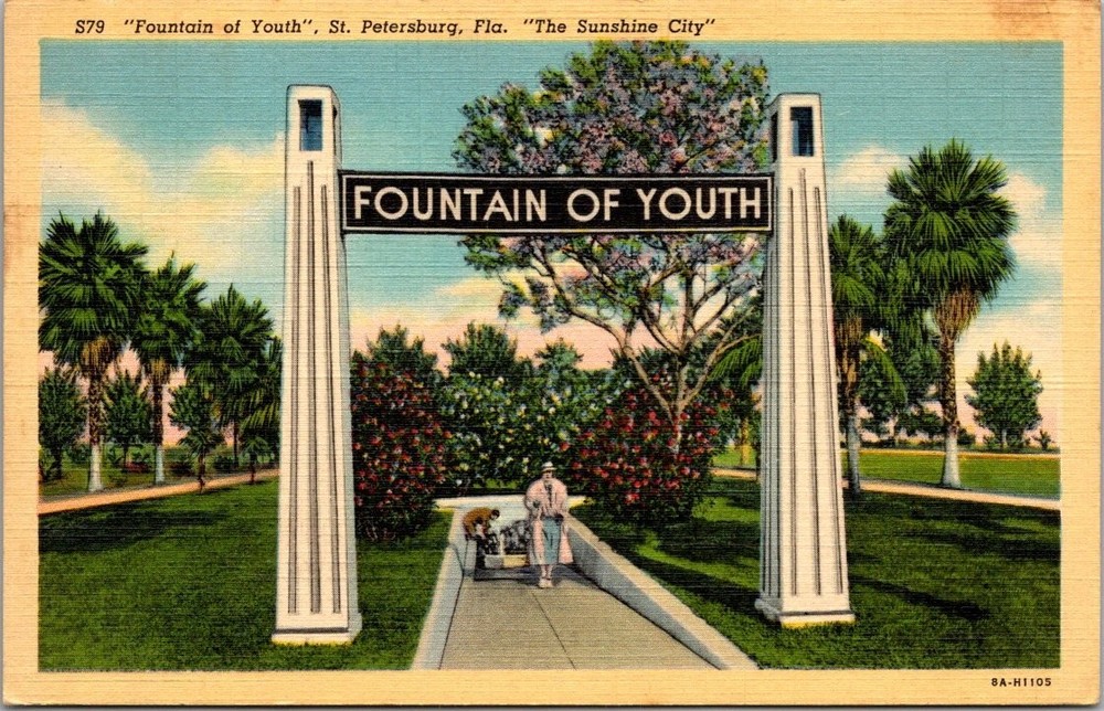 Vintage Fountain of Youth St. Petersburg Florida Linen Postcard 1938 Curteich
