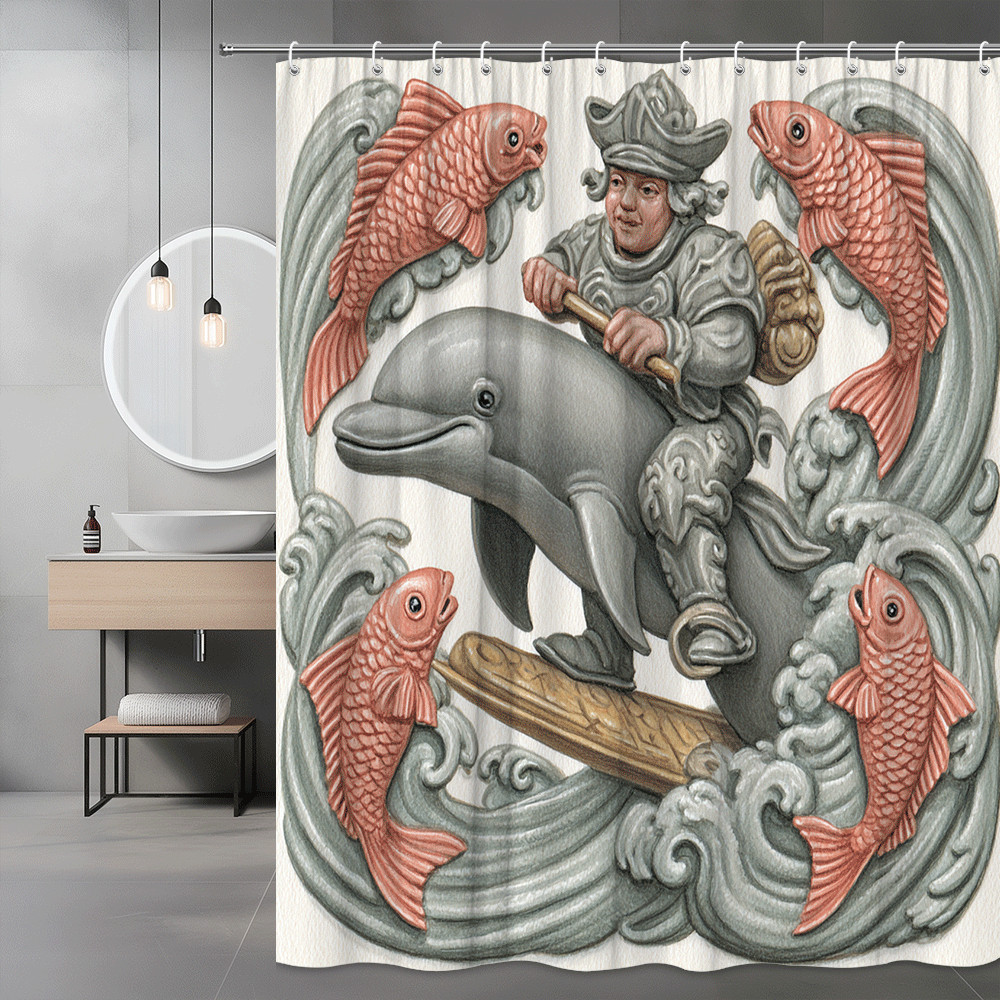 Shower Curtain Mermaid Rider with Fish and Waves Graphic