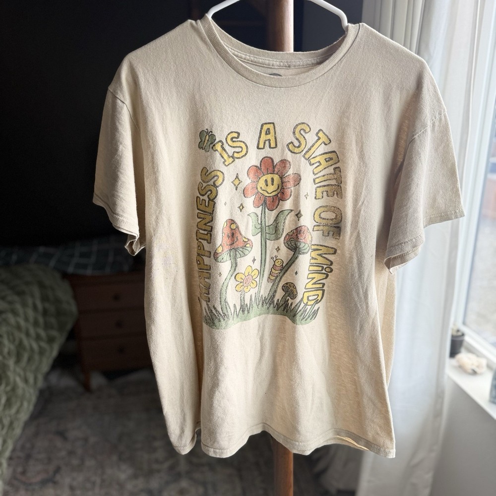 DOM Smiley Flower Graphic Print Beige Cotton Men's T-Shirt Size L Short Sleeve