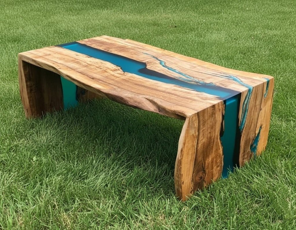Live Edge Solid Wood River  Dining Table - Translucent Handmade Blue Epoxy table