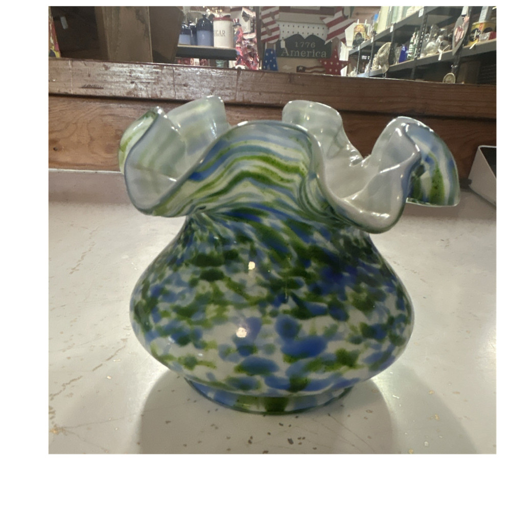 Blue Green White Hand Blown Art Glass Vase, Swirl Pattern, Ruffled Rim, Glossy