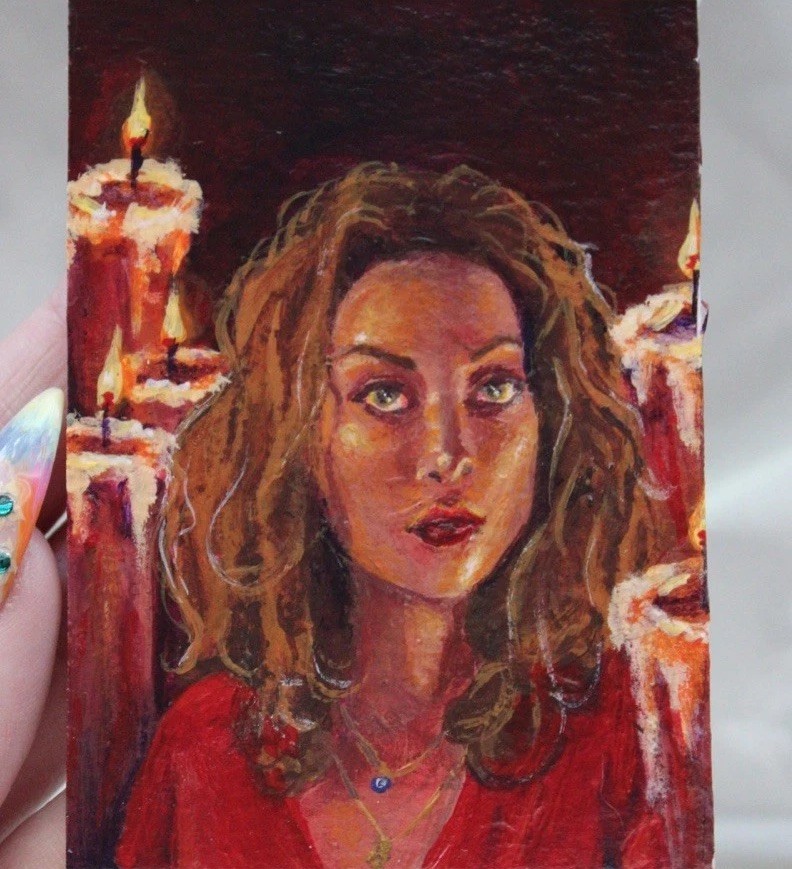 ACEO 'Culta' Original Acrylic Portrait Painting Woman Candles 2026 OOAK 2.5x3.5