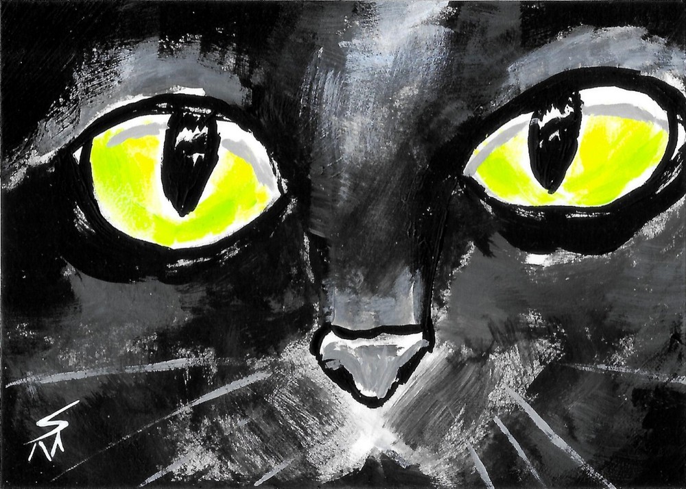 ACEO Black Cat Painting Print Kitten Face Impressionism Art Samantha McLean