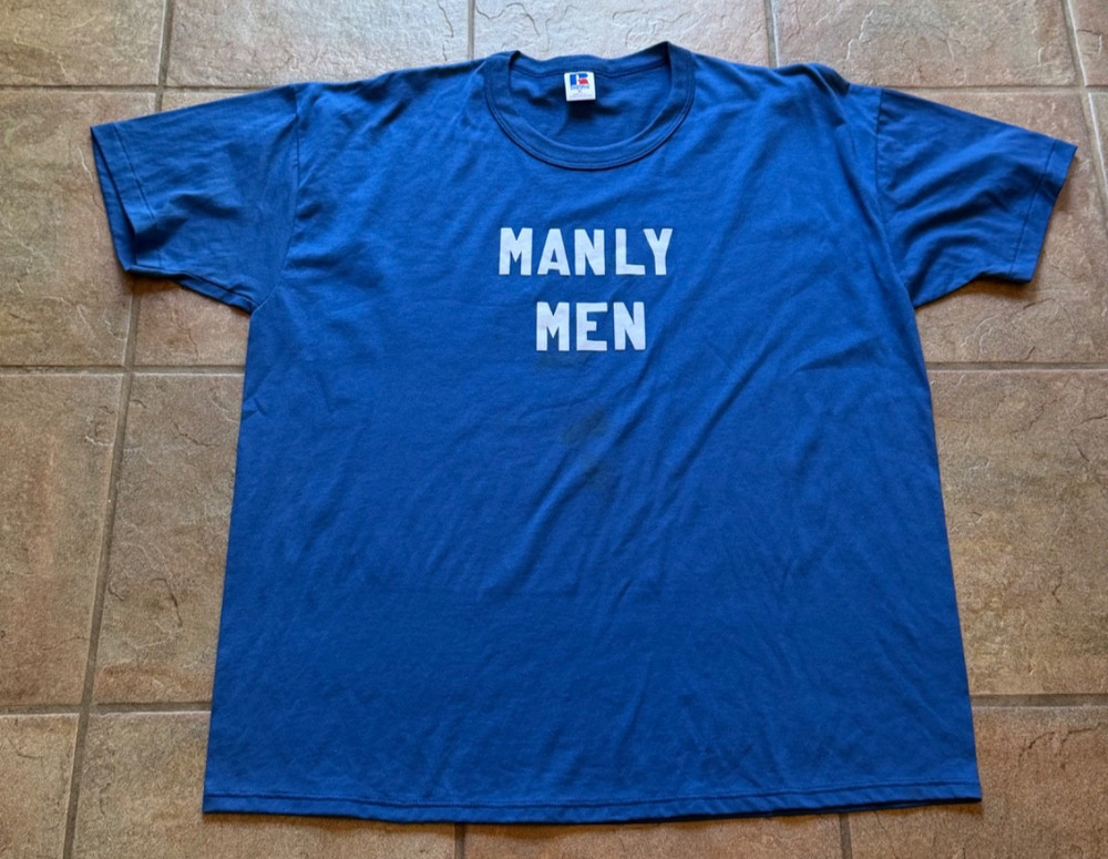 Vintage 90s Manly Men T Shirt XL Blue Russell Athletic USA Made Gag Single