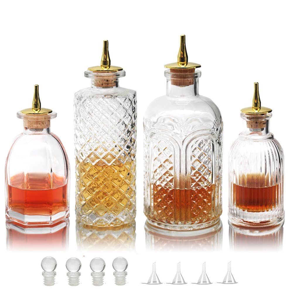 Bitters Bottle for Cocktails Set of 4- Glass Dasher Bottles with Dash Tops, G...